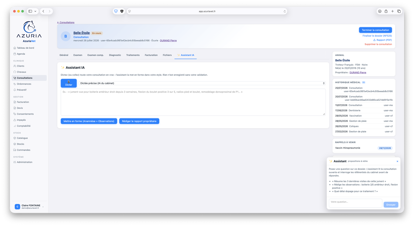 L'assistant de rédaction dans AzuriaVet Cloud : dictée de la consultation et panneau de questions sur le dossier